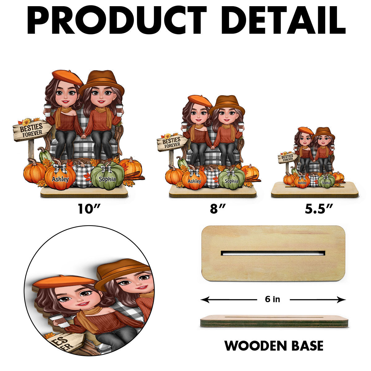 Fall Season Besties Sitting Pumpkins Personalized 2-Layer Standing Wooden Plaque| Fall Season Gift For Best Friends