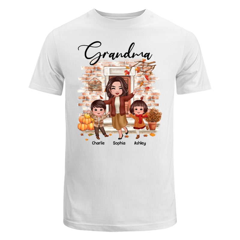 Fall Season Happy Doll Grandma And Grandkids At Front Door Personalized Shirt