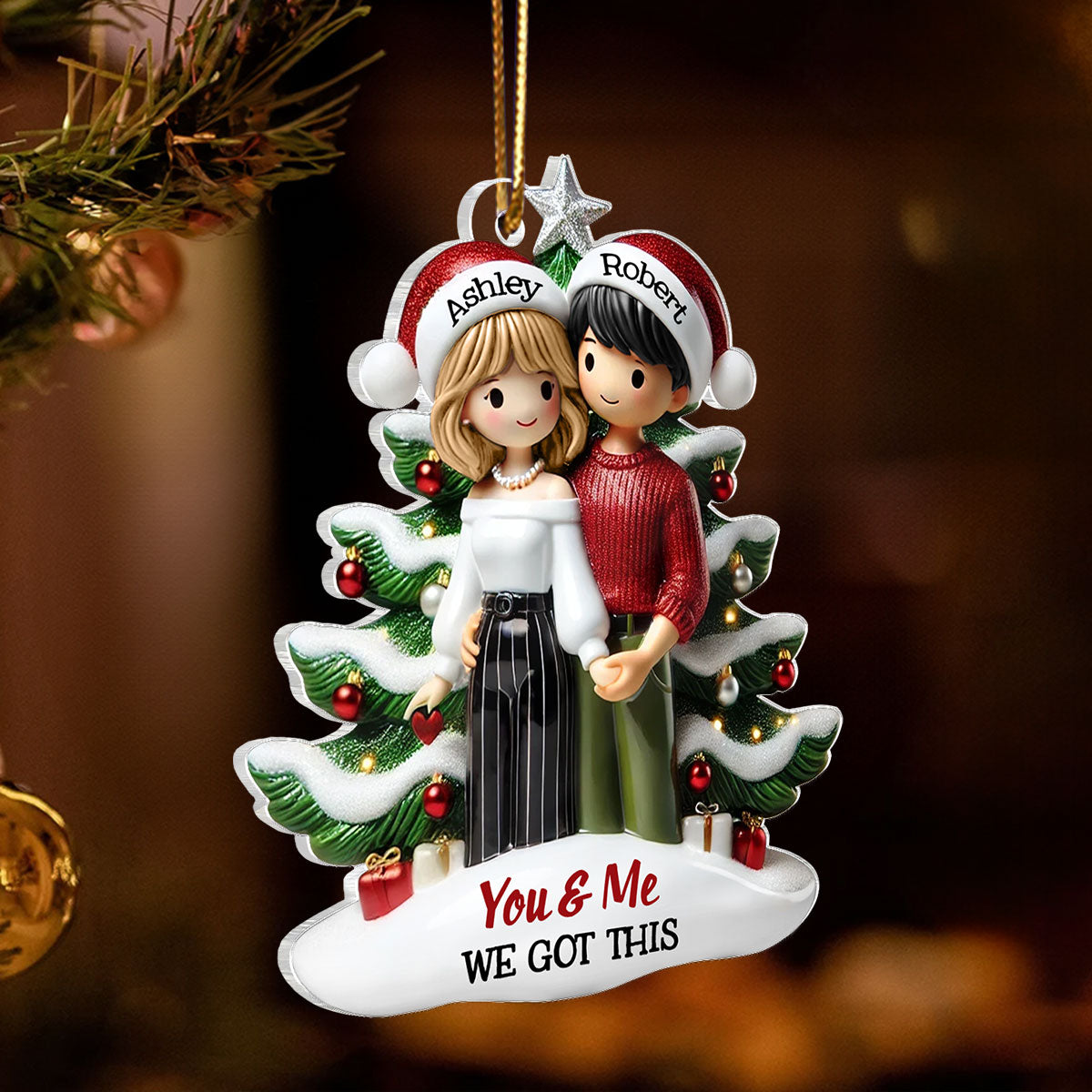 Couple Standing In Front Of The Christmas Tree Personalized 2D Flat Acrylic Ornament,  Christmas Gift For Him, For Her