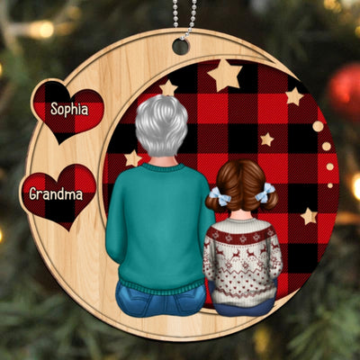 Moon Heart Checkered Grandma Grandkids Personalized Wooden Ornament