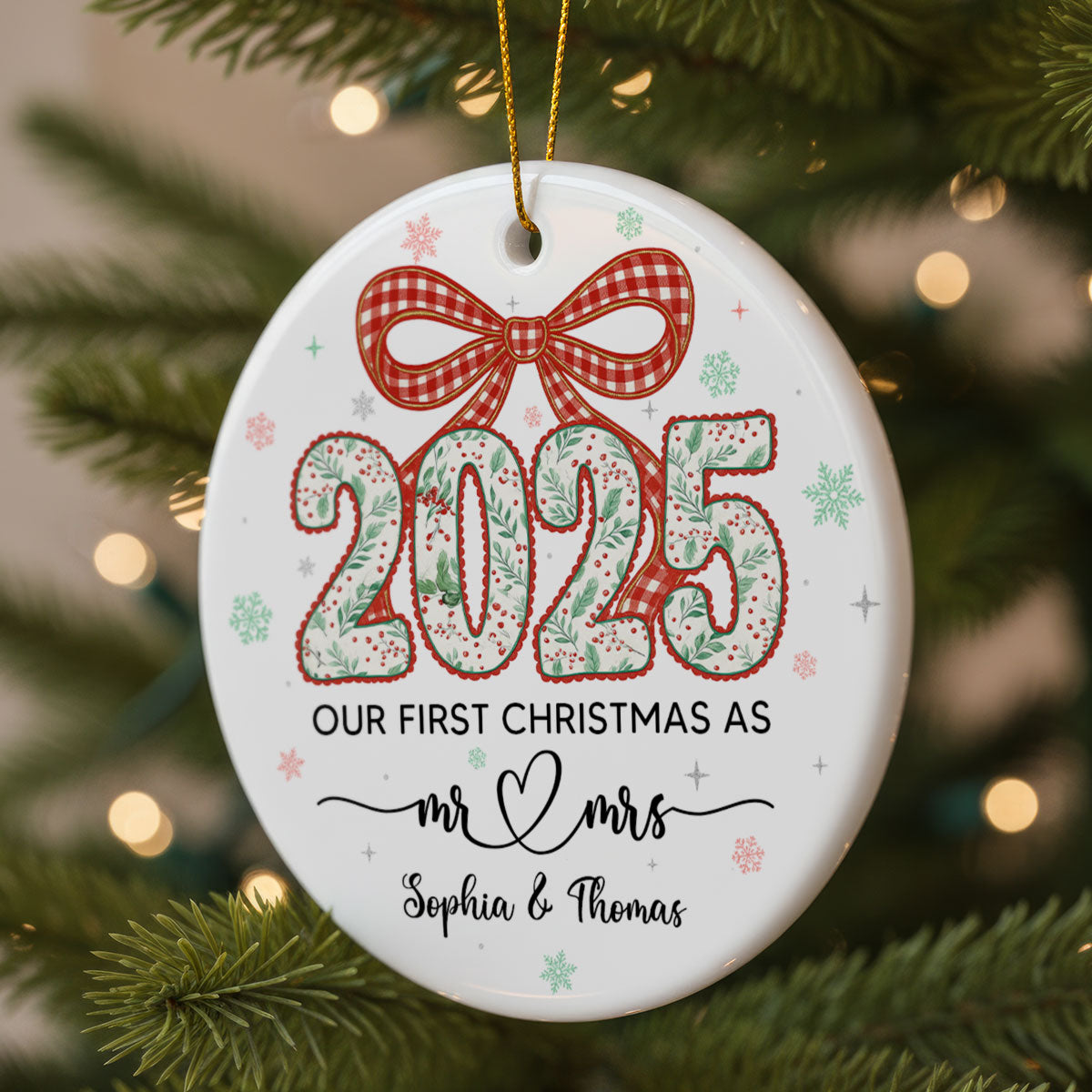 2025 First Christmas As Mr. & Mrs. Christmas Greenery Theme - Personalized Ceramic Ornament - Married, Engagement Gift for Couples