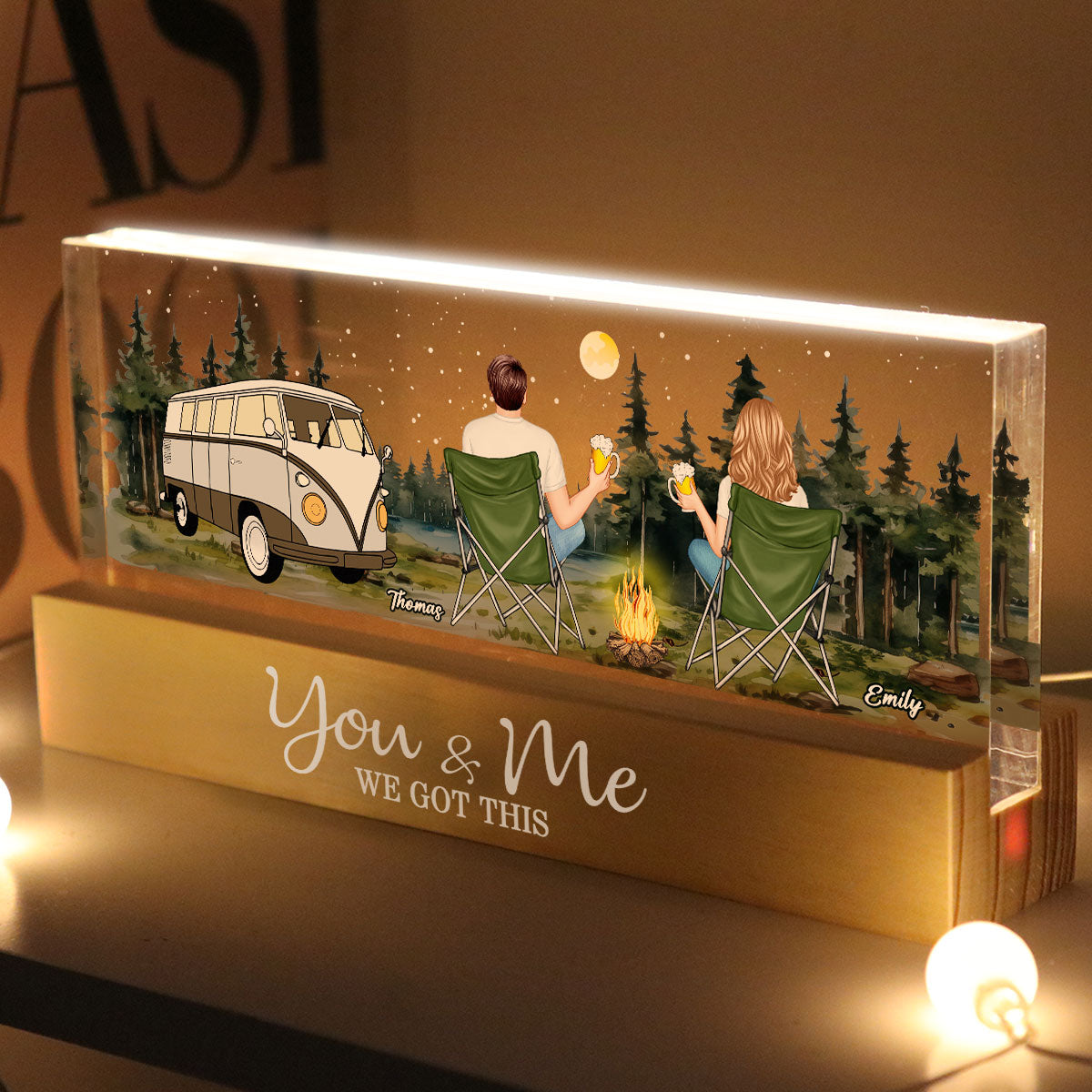 Back View Couple Camping Sitting Together Personalized Acrylic Block LED Night Light, Heartfelt Gift For Couple, For Him, For Her, Boyfriend, Girlfriend, Husband, Wife