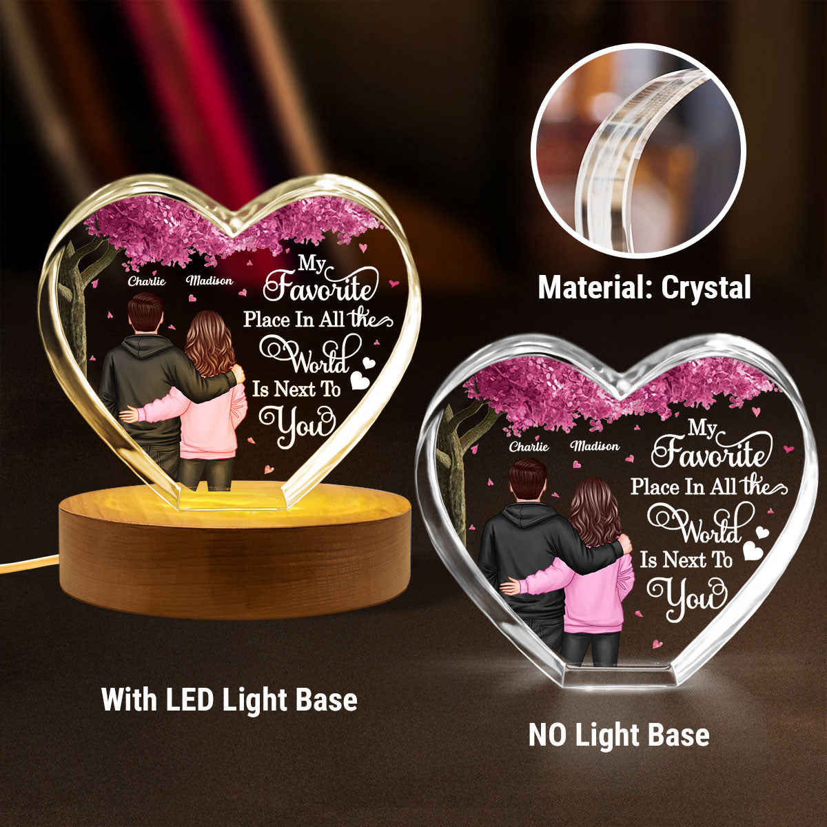 Couple Favorite Place in All the World Premium Crystal Heart LED, Treasured Forever Keepsake,  Gift For Him, Gift For Her - Free Shipping Included