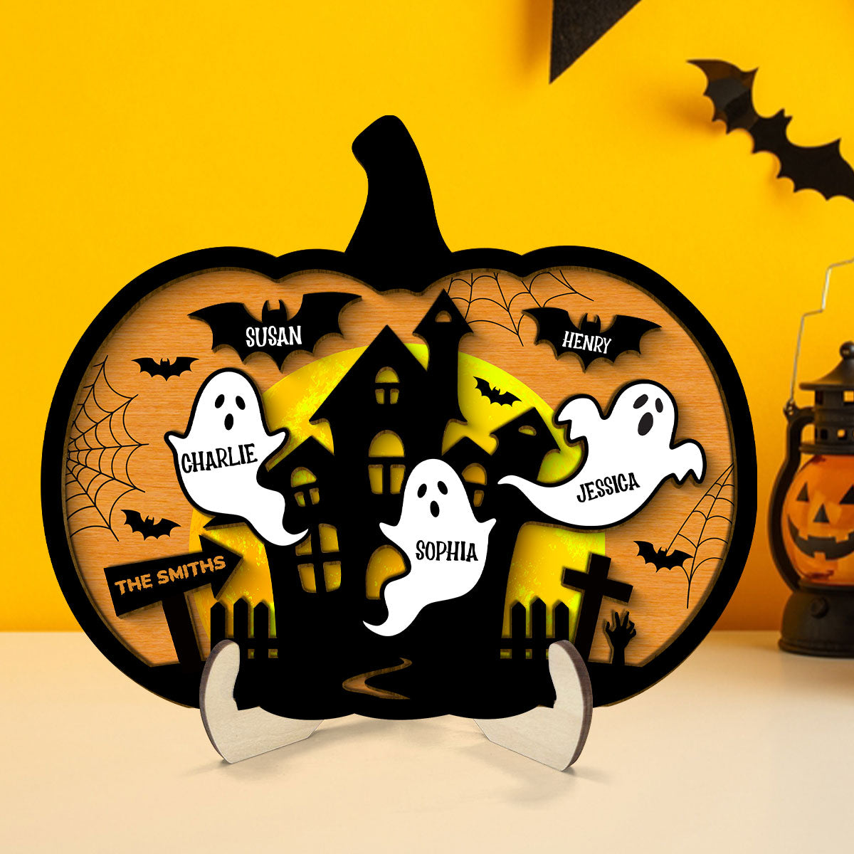 Halloween Boo Family Pumpkin Shaped Personalized 2 Layer Wooden Plaque