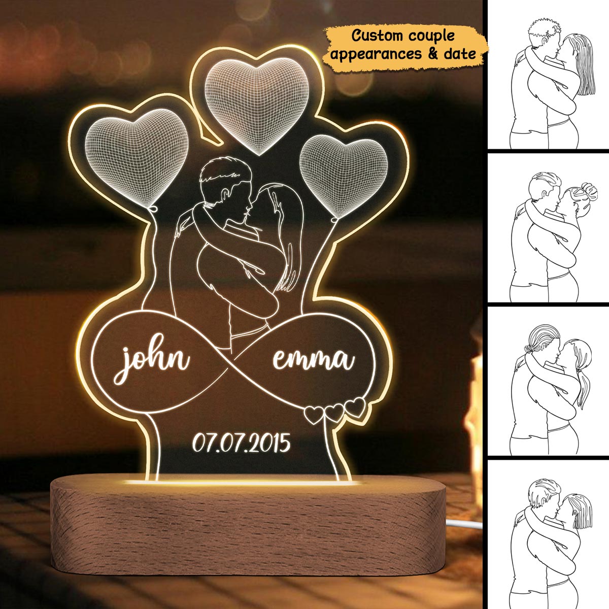 Couple Kissing Outline Personalized 3D Printed Lamp, LED Night Light, Acrylic LED Lamp, Valentine‘s Day Gift For Him, For Her