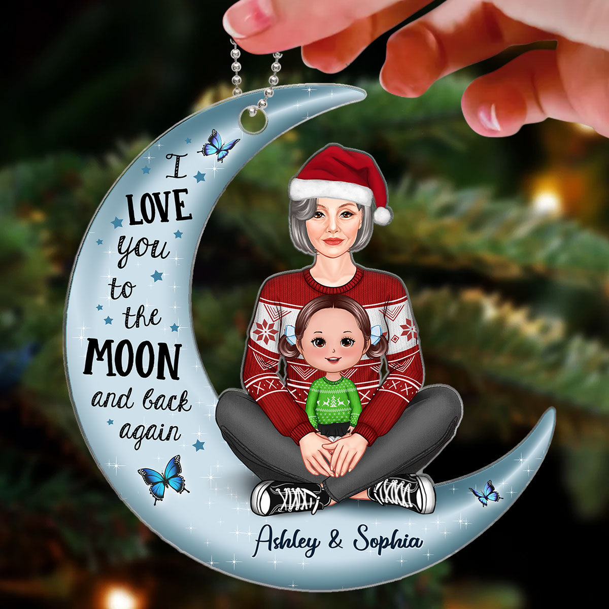 Pretty Grandma Holding Grandkid On Moon Gift For Grandson Granddaughter Personalized Acrylic Ornament
