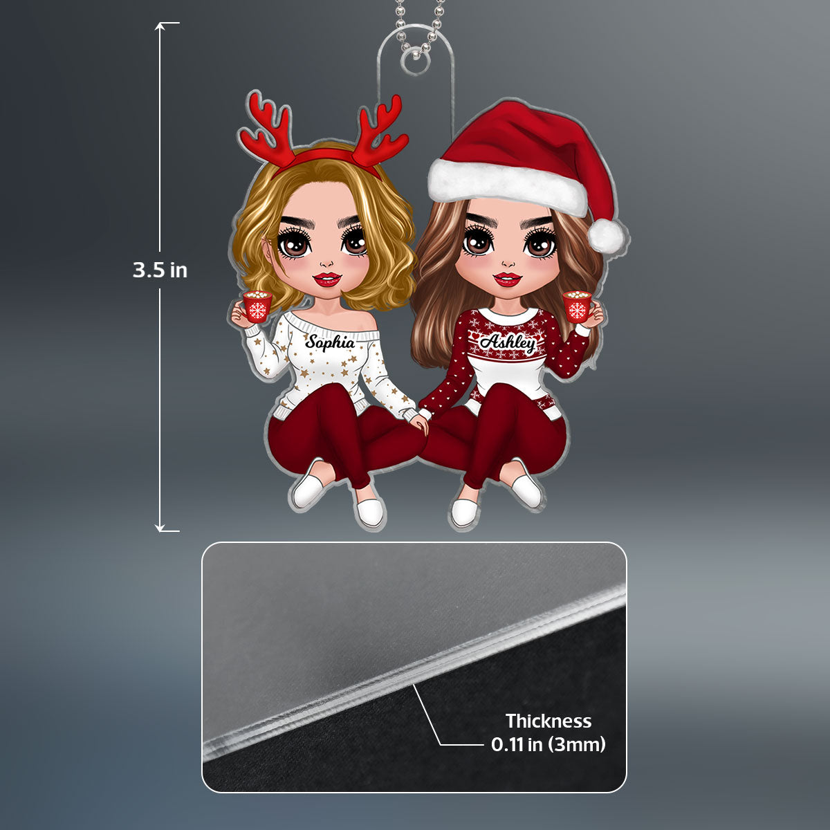 Red Clothes Doll Besties Sisters Sitting Christmas Gift For Best Friends Personalized Acrylic Ornament