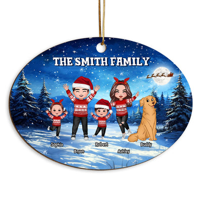 Happy Doll Family Dad Mom Kids Dogs Cats In Christmas Night Personalized Wooden Ornament
