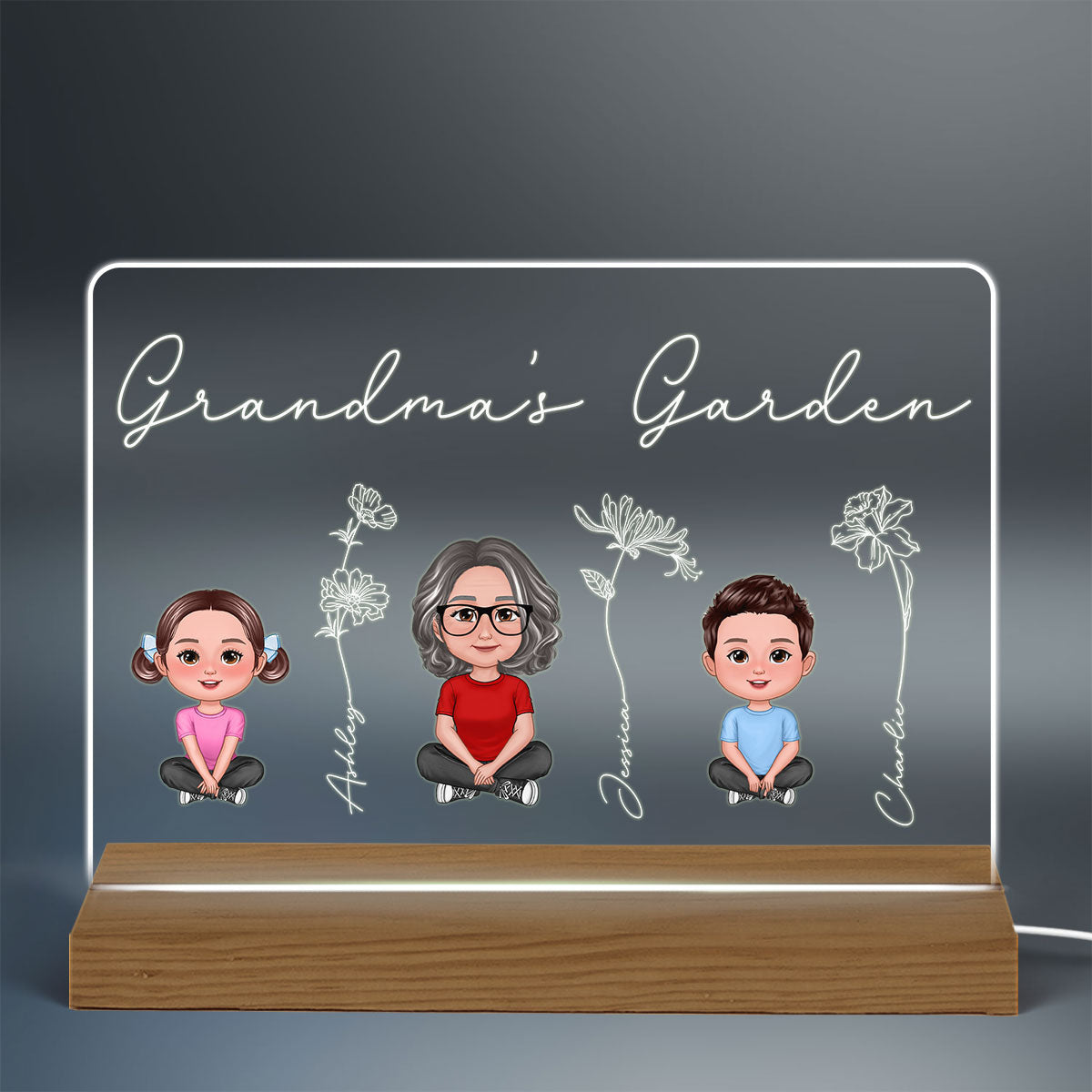 Grandma Grandkids Sitting Crossed Legs Outline Birth Month Flowers Mother‘s Day Gift Personalized Warm Acrylic Plaque LED Night Light