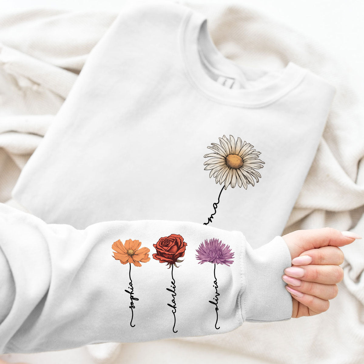 Mama Mom Grandma Birth Month Flower Personalized Sleeve Printed Sweatshirt