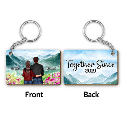 Couple Together Since Watercolor Mountain Background Personalized Wooden Keychain