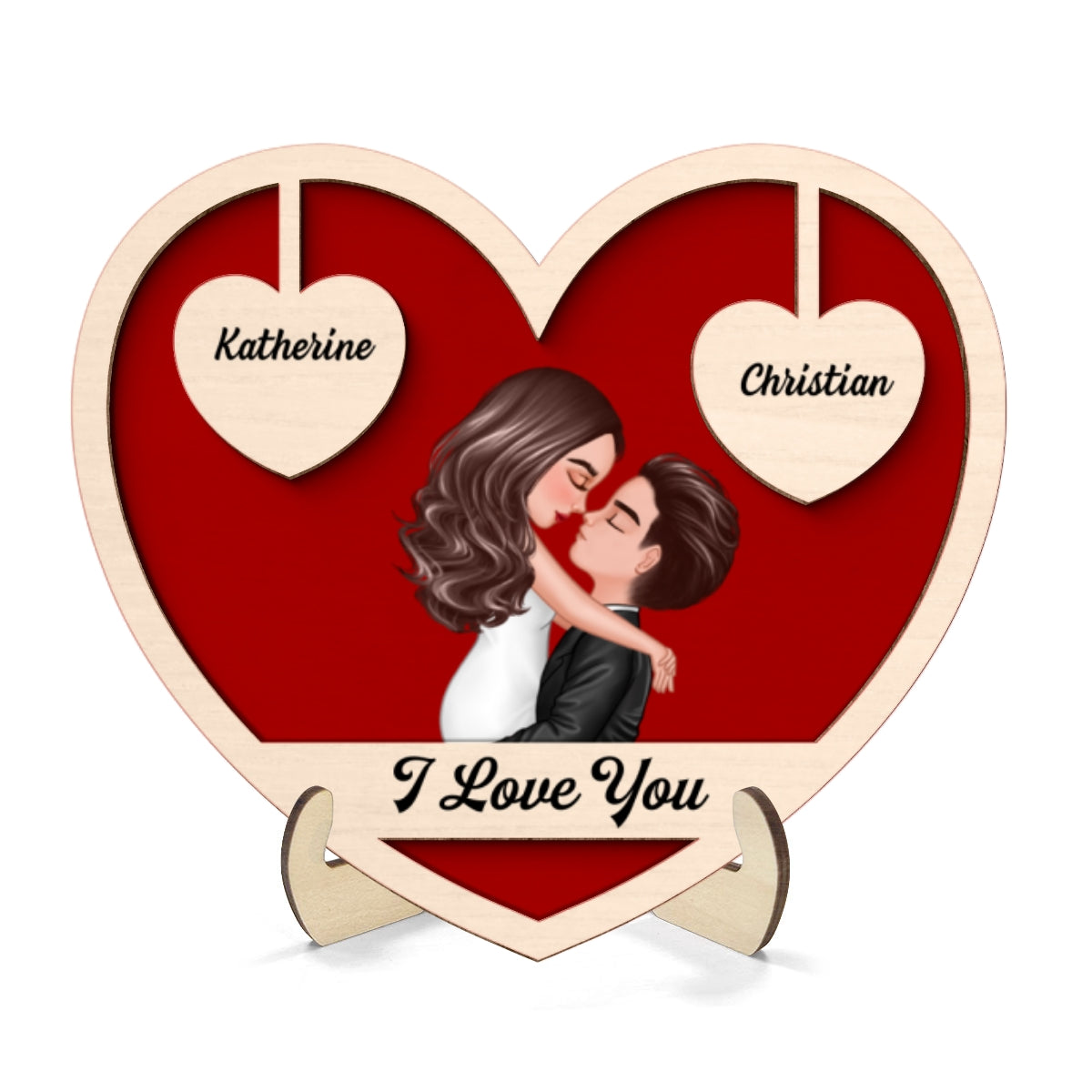 Couple Kissing Two Hearts Custom Message Personalized 2-layer Wooden Plaque