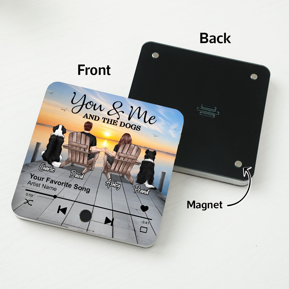 Couple You Me And The Dogs Cats Sitting On Lake Dock Personalized Music Fridge Magnet, Gift For Couple, Dog Lovers, Cat Lovers, Pet Lovers
