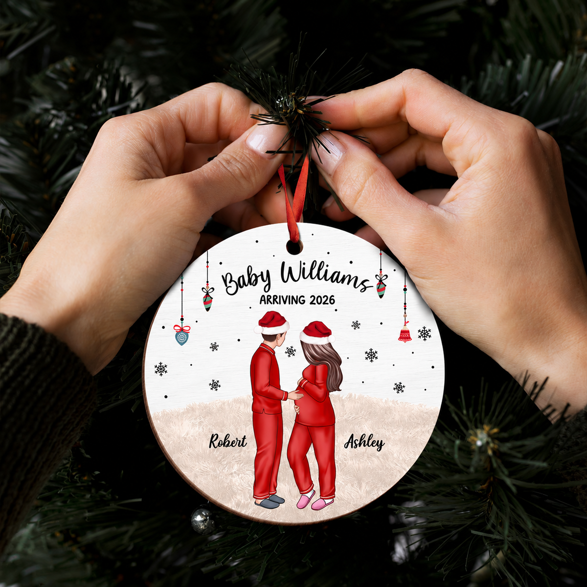 Pregnant Couple and Pet Keepsakes - Personalized Wooden Ornament - Christmas Gift