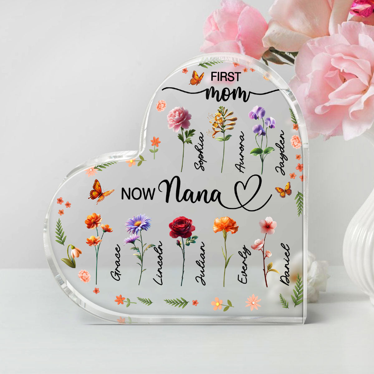 First Mom Now Grandma Beautiful 3D Effect Birth Month Flowers Personalized Heart Shape Acrylic Block Plaque