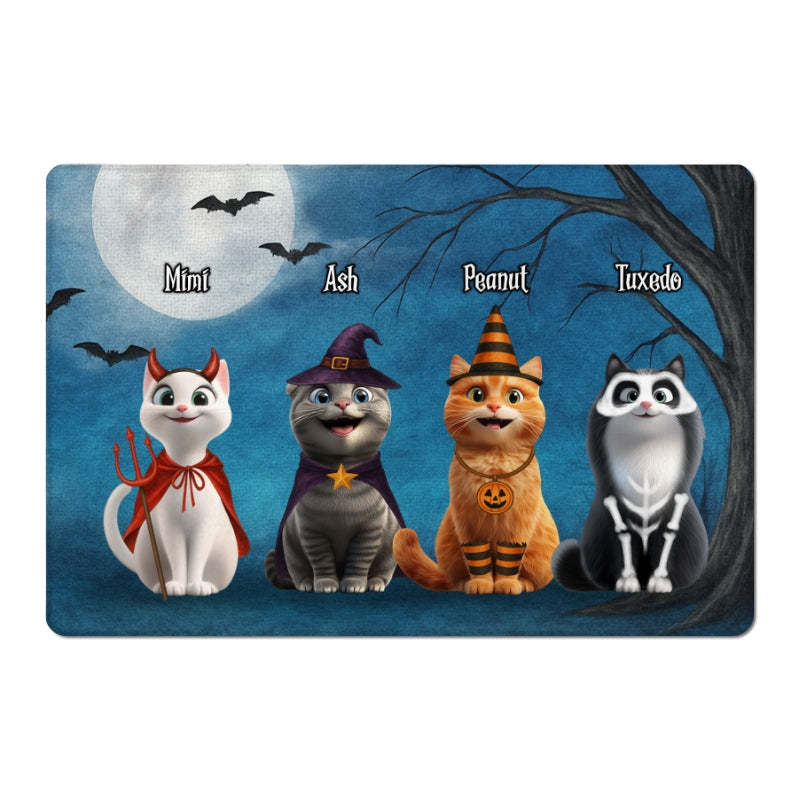 Halloween Cute Cats Sitting in the Moon Light Personalized Doormat, Halloween Decor for Cat Lovers