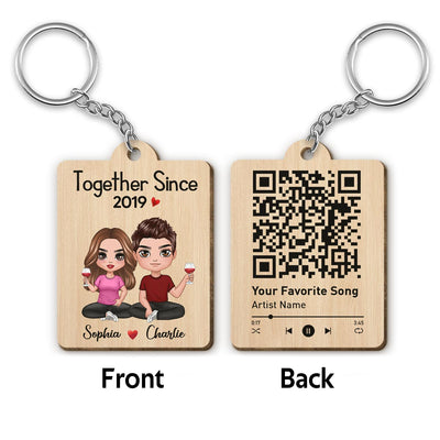 Doll Couple Sitting Favorite Song Scannable QR Code Personalized Wooden Keychain