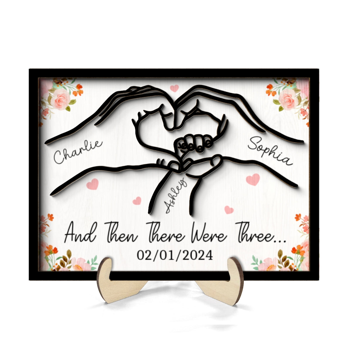 Family Of Three Heart Hand Personalized 2-Layer Wooden Plaque, Gift For New Mom New Dad