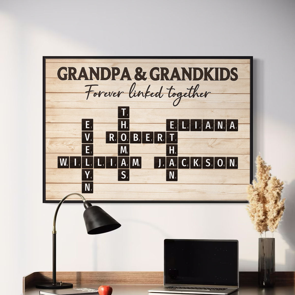 Grandpa & Grandkids Forever Linked Together Crossword Puzzle Art Rustic Personalized Poster, Heartfelt Father's Day Gift For Grandpa