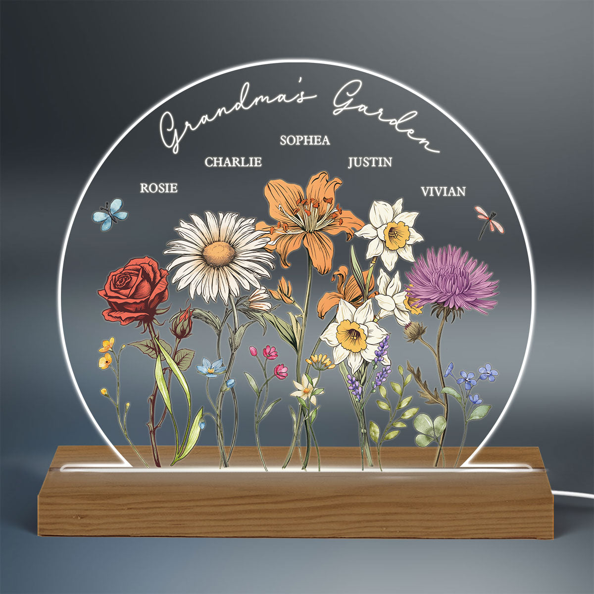 Grandma's Garden Birth Month Flower Personalized Circle LED Night Light, Christmas Gift For Mom, Gift For Grandma