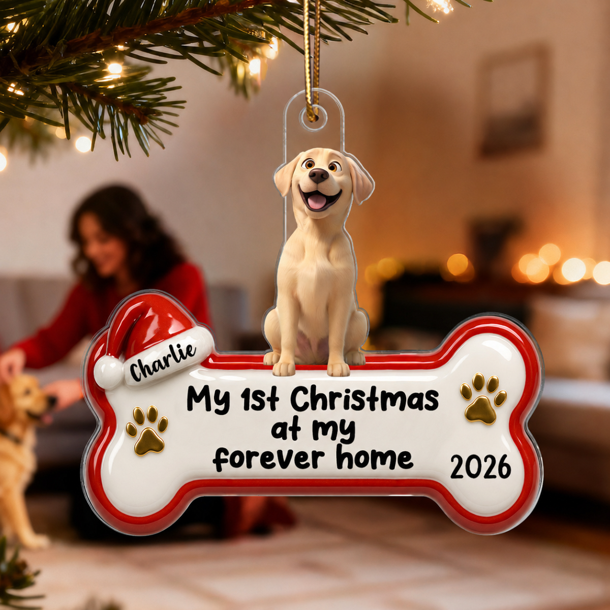 Happy Pawlidays Cartoon Dog 3D Effect - Personalized Acrylic Ornament - Christmas Decor For Dog Lovers