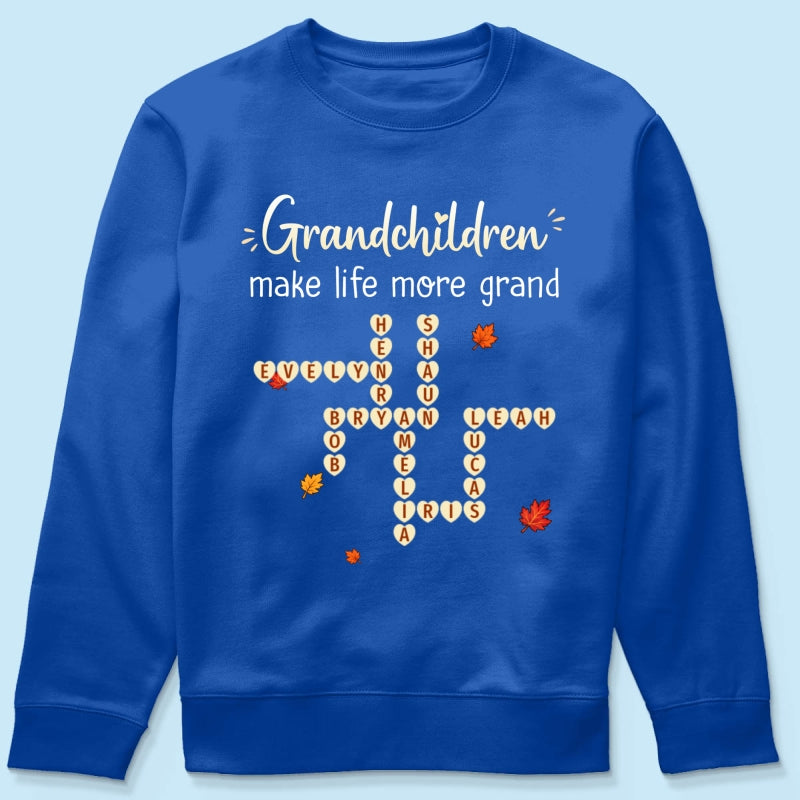Grandkids Make Life Grand Crossword Puzzle Art - Personalized Shirt - Fall Season Cozy Gift For Grandma