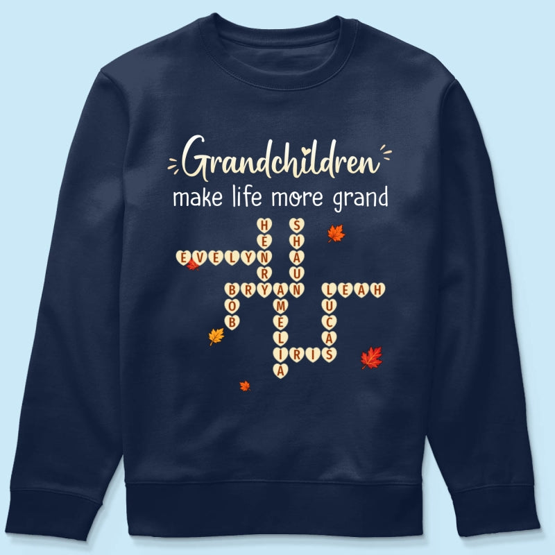 Grandkids Make Life Grand Crossword Puzzle Art - Personalized Shirt - Fall Season Cozy Gift For Grandma
