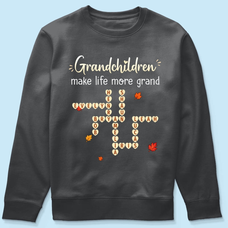 Grandkids Make Life Grand Crossword Puzzle Art - Personalized Shirt - Fall Season Cozy Gift For Grandma