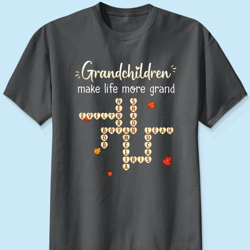 Grandkids Make Life Grand Crossword Puzzle Art - Personalized Shirt - Fall Season Cozy Gift For Grandma