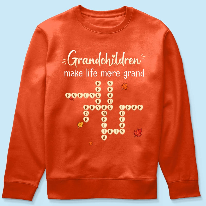 Grandkids Make Life Grand Crossword Puzzle Art - Personalized Shirt - Fall Season Cozy Gift For Grandma