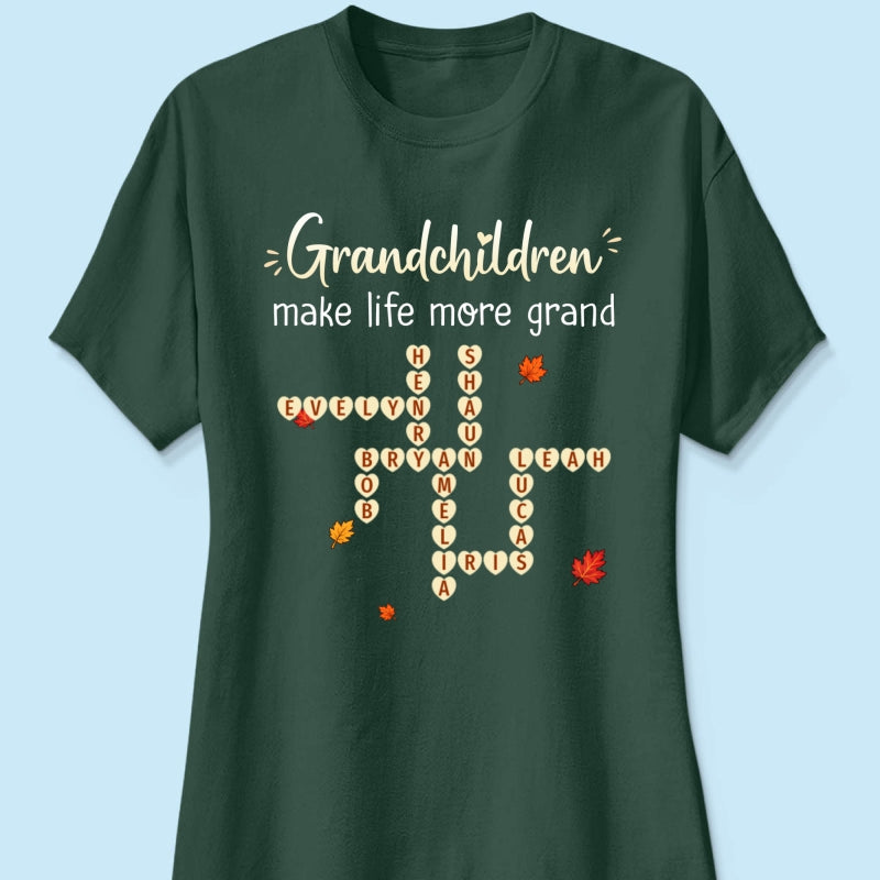 Grandkids Make Life Grand Crossword Puzzle Art - Personalized Shirt - Fall Season Cozy Gift For Grandma