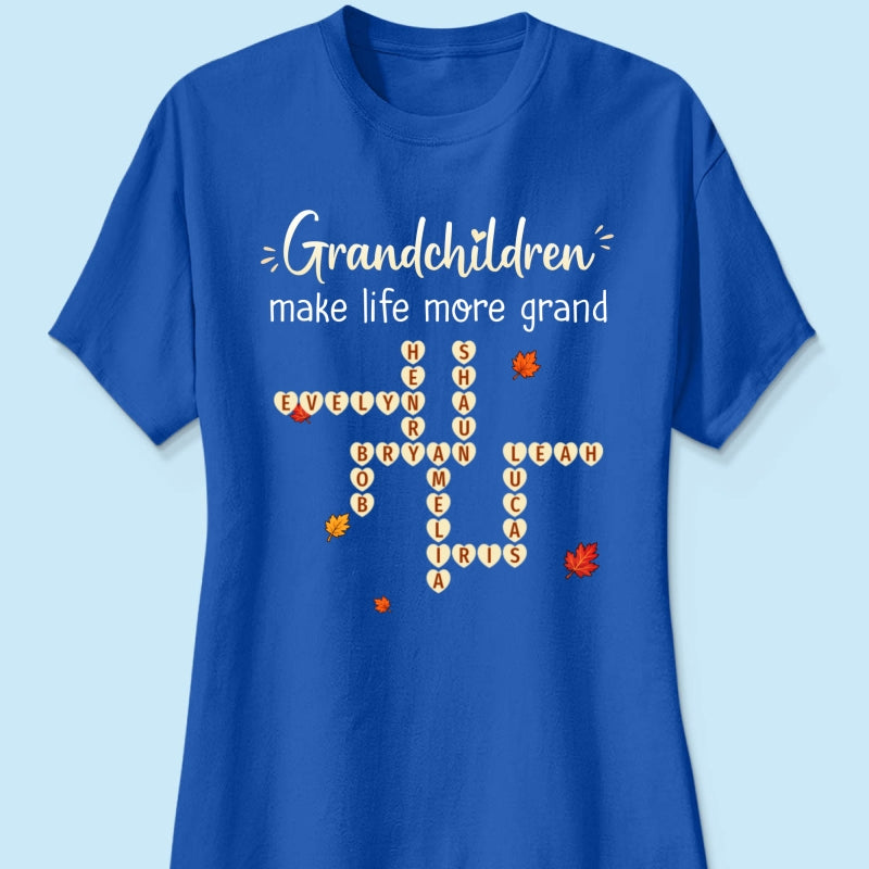 Grandkids Make Life Grand Crossword Puzzle Art - Personalized Shirt - Fall Season Cozy Gift For Grandma