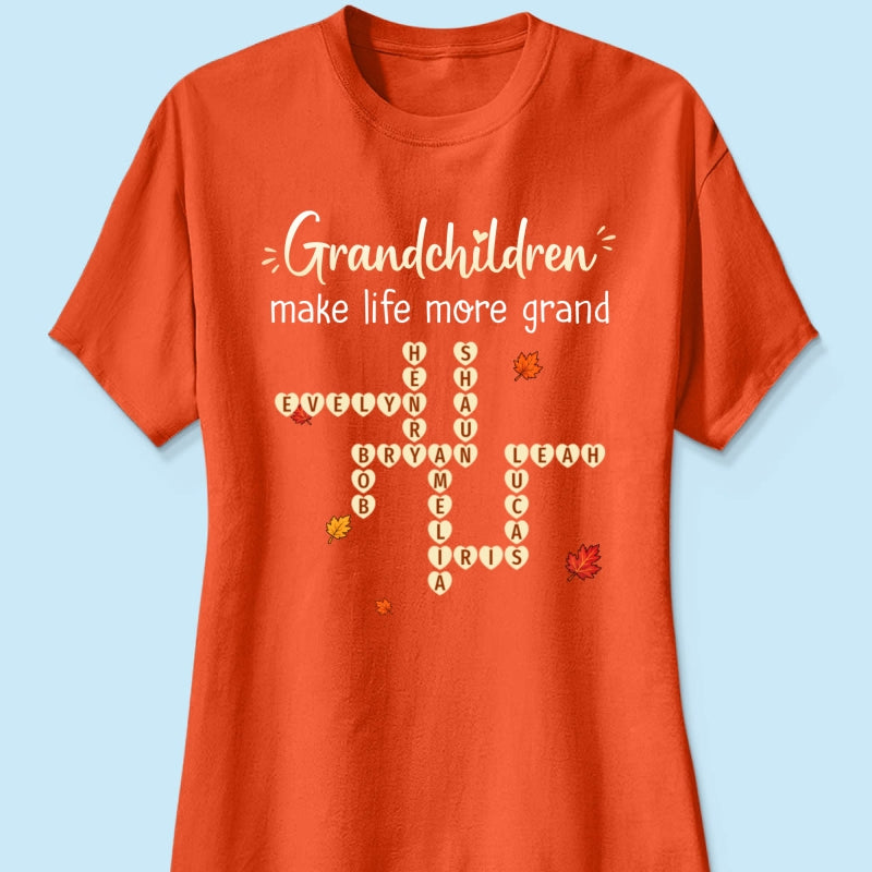 Grandkids Make Life Grand Crossword Puzzle Art - Personalized Shirt - Fall Season Cozy Gift For Grandma