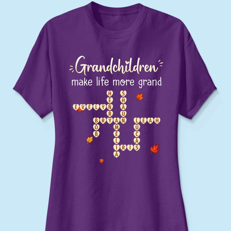 Grandkids Make Life Grand Crossword Puzzle Art - Personalized Shirt - Fall Season Cozy Gift For Grandma