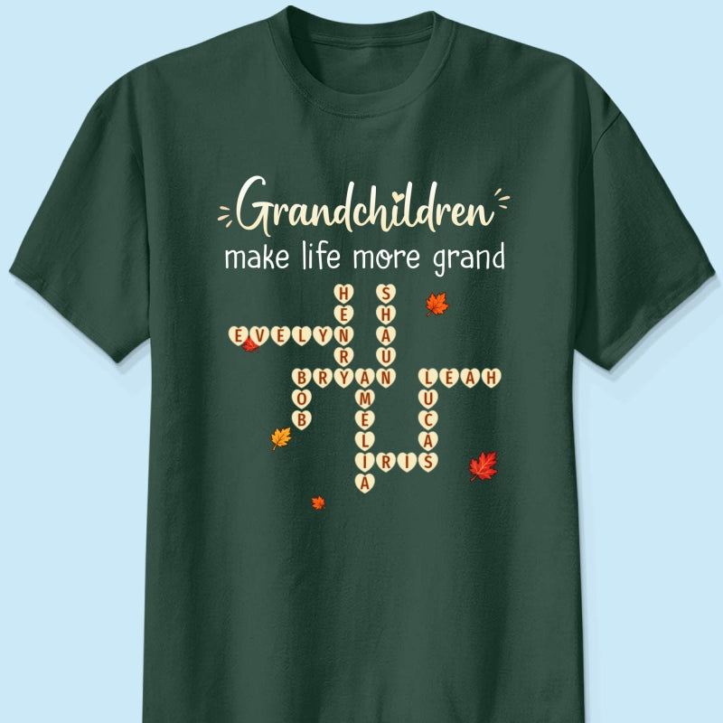 Grandkids Make Life Grand Crossword Puzzle Art - Personalized Shirt - Fall Season Cozy Gift For Grandma