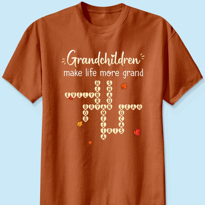 Grandkids Make Life Grand Crossword Puzzle Art - Personalized Shirt - Fall Season Cozy Gift For Grandma