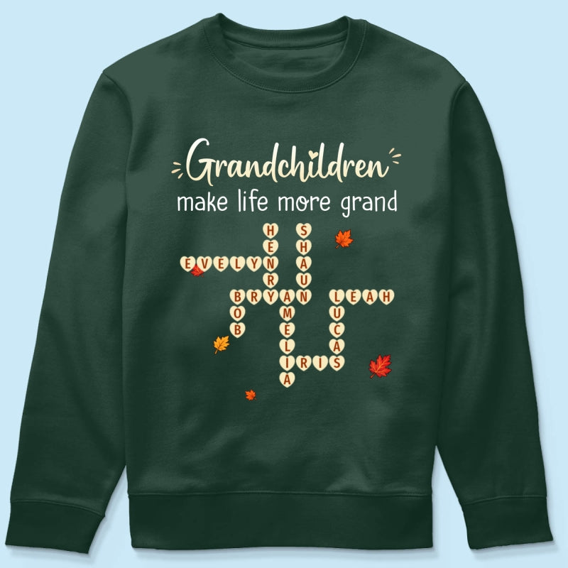 Grandkids Make Life Grand Crossword Puzzle Art - Personalized Shirt - Fall Season Cozy Gift For Grandma