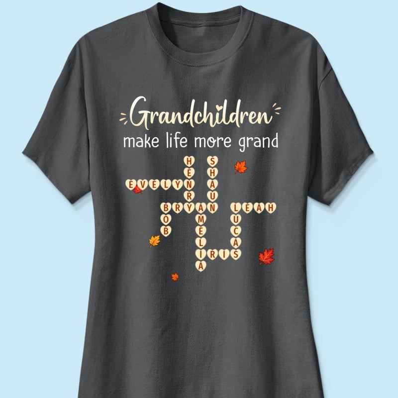 Grandkids Make Life Grand Crossword Puzzle Art - Personalized Shirt - Fall Season Cozy Gift For Grandma