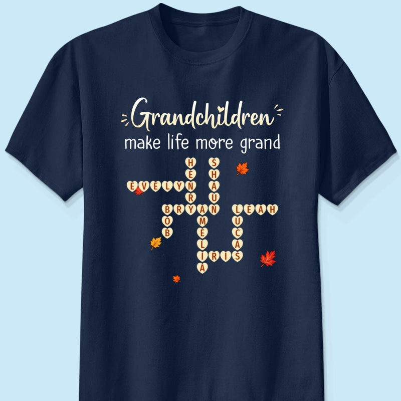 Grandkids Make Life Grand Crossword Puzzle Art - Personalized Shirt - Fall Season Cozy Gift For Grandma