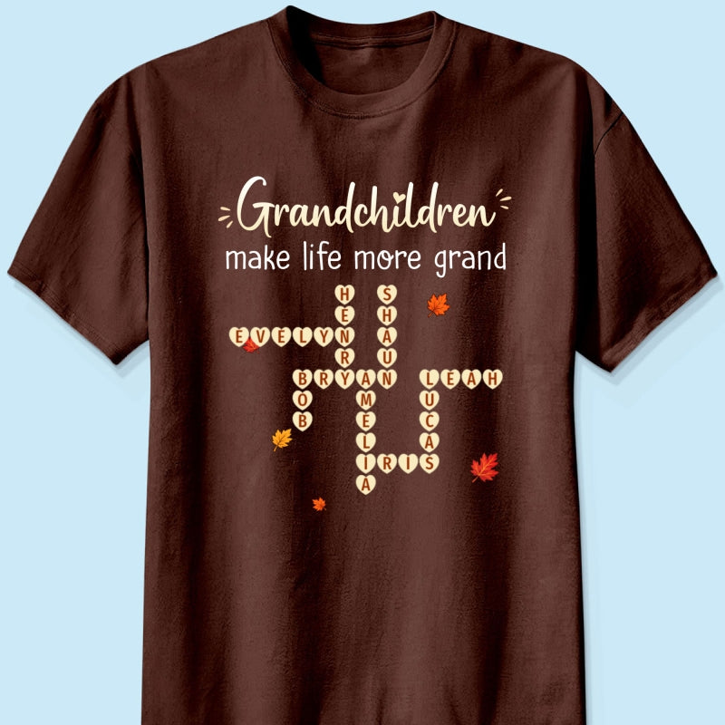 Grandkids Make Life Grand Crossword Puzzle Art - Personalized Shirt - Fall Season Cozy Gift For Grandma
