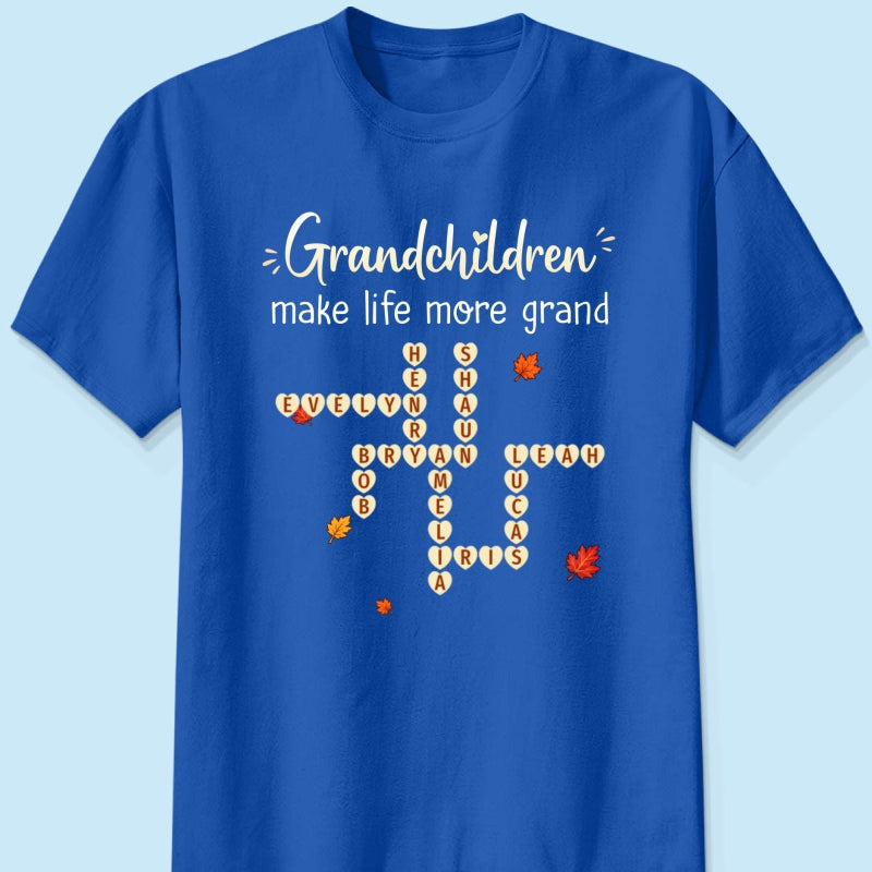 Grandkids Make Life Grand Crossword Puzzle Art - Personalized Shirt - Fall Season Cozy Gift For Grandma