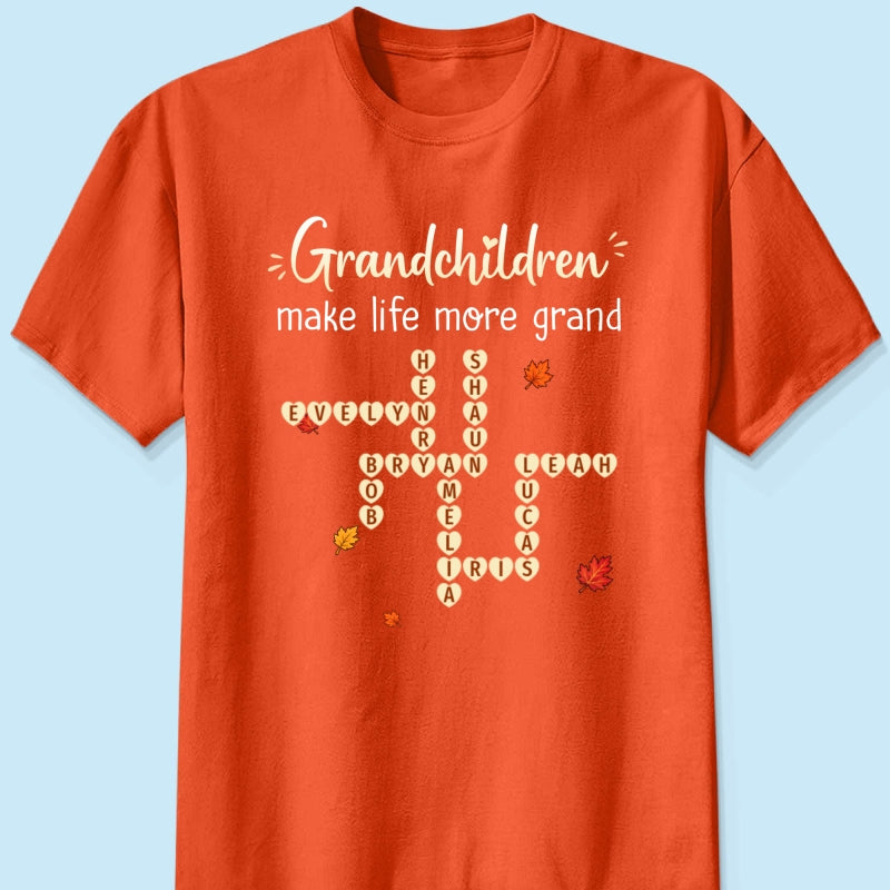 Grandkids Make Life Grand Crossword Puzzle Art - Personalized Shirt - Fall Season Cozy Gift For Grandma