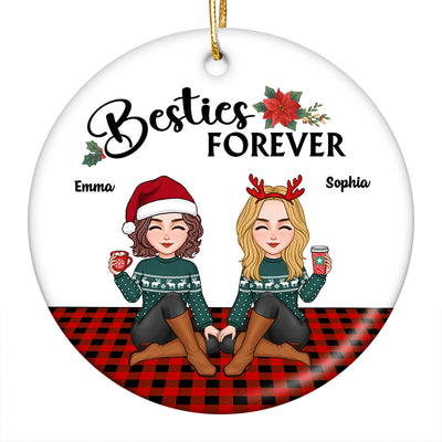 Cute Besties Sitting On Checkered Carpet Christmas Personalized Circle Ornament