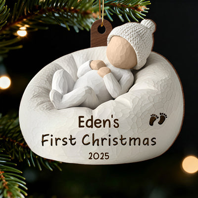 3D Effect Baby's First Christmas Baby On Beanbag Chair - Personalized Wooden Ornament