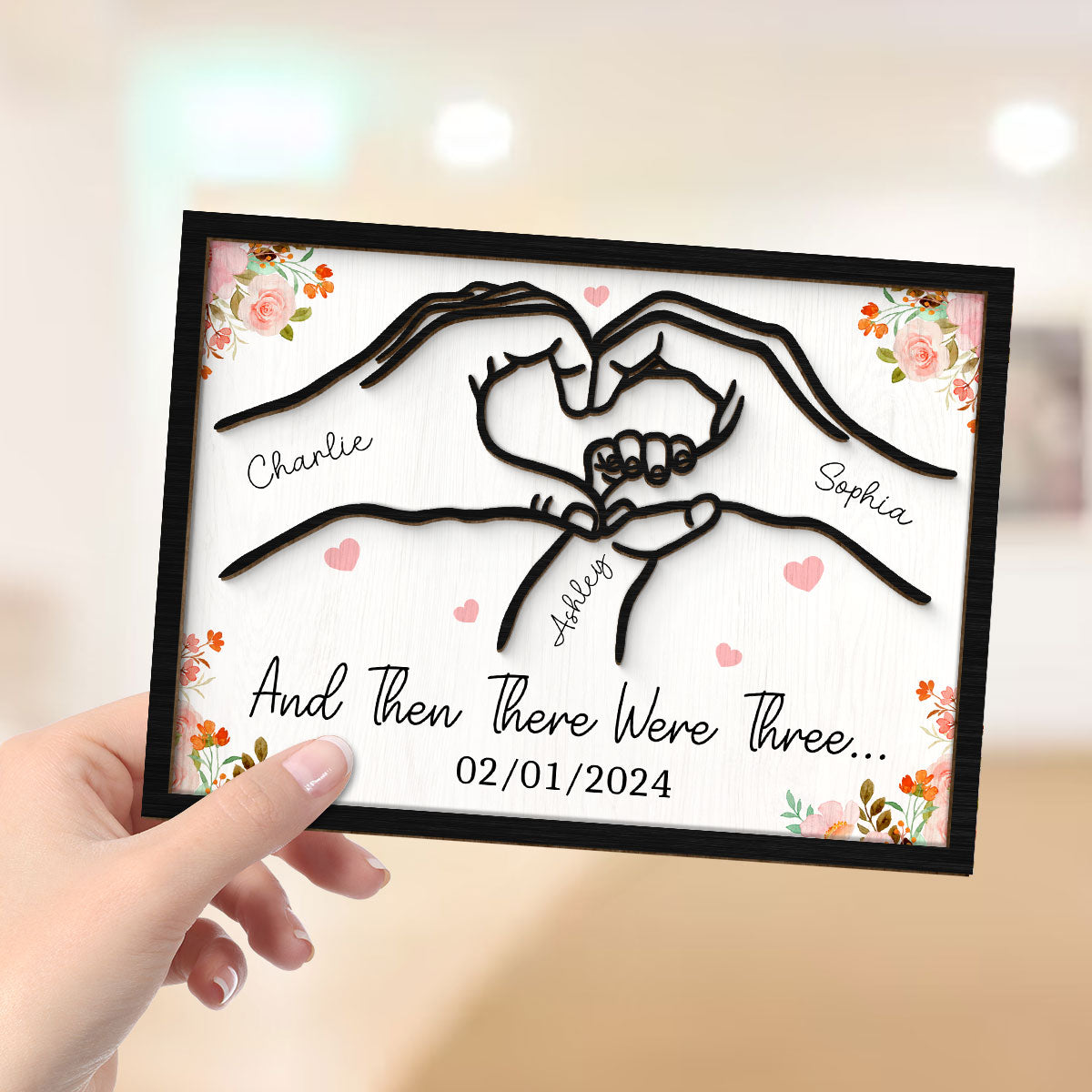 Family Of Three Heart Hand Personalized 2-Layer Wooden Plaque, Gift For New Mom New Dad