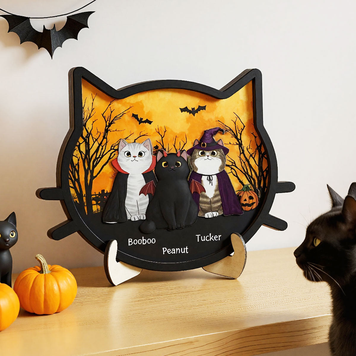 Spooky Halloween Theme Cat Face Personalized 2-Layer Wooden Plaque