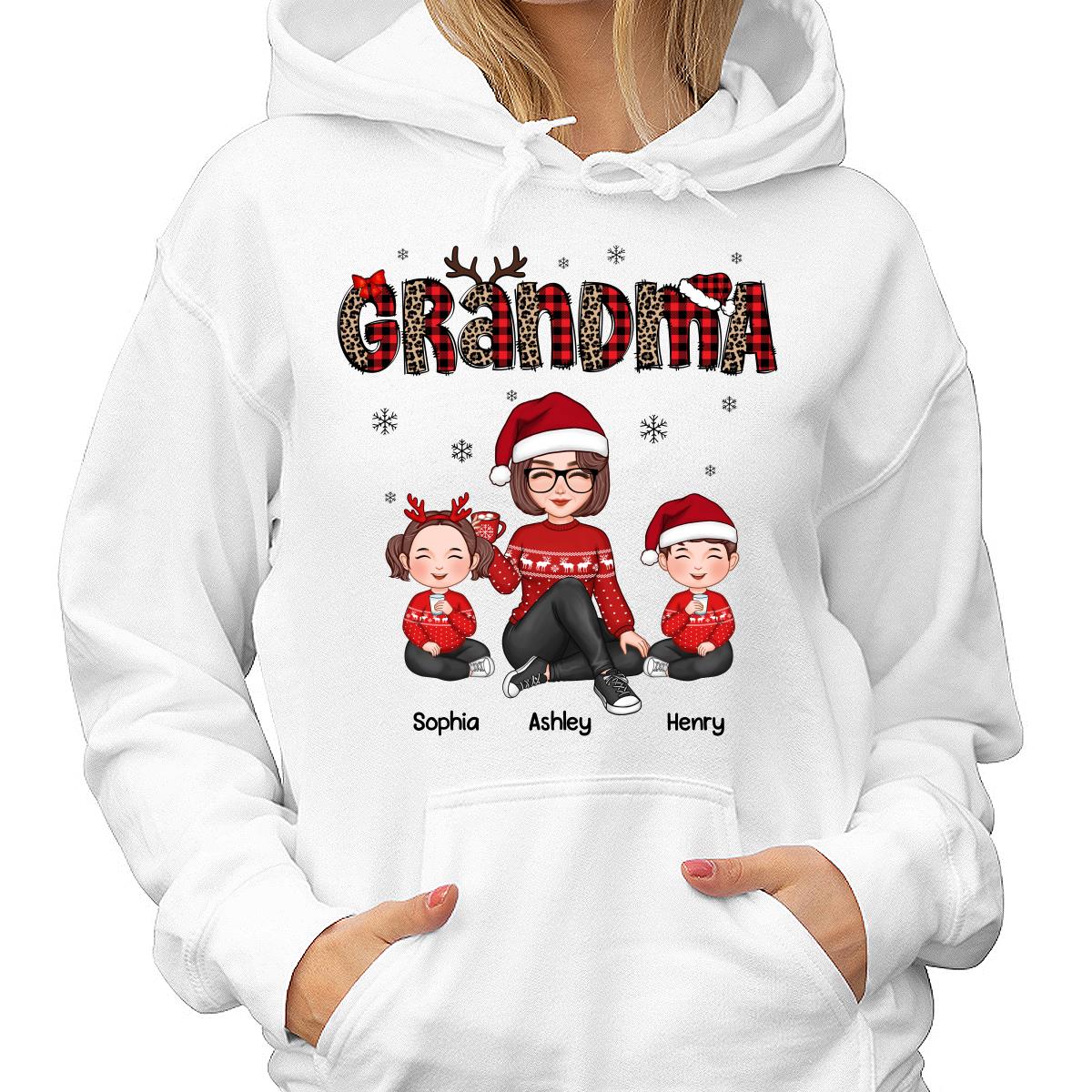 Leopard & Checkered Plaid Christmas Pattern Grandma & Grandkids Personalized Shirt