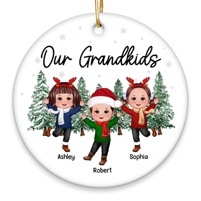 Our Grandkids Happy Doll Kids Christmas Tree Background Personalized Circle Ornament