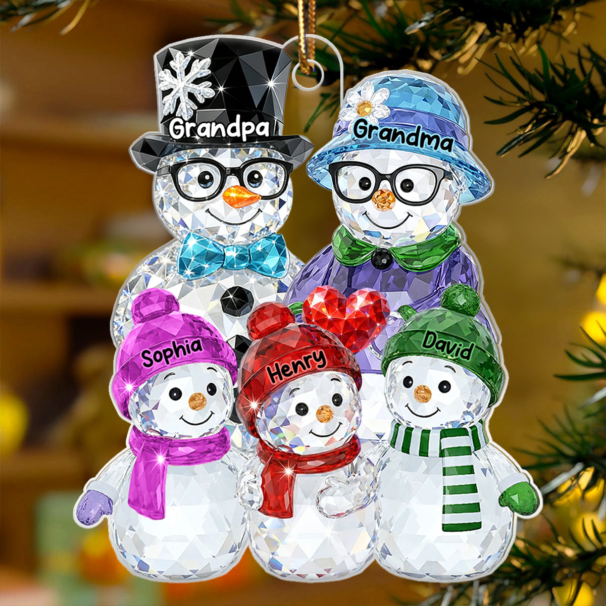 Grandparents And Grankids Snowman Pattern Crystal - Personalized Acrylic Ornament - Heartwarming Christmas Gift For Grandpa, Grandma, Grandparents