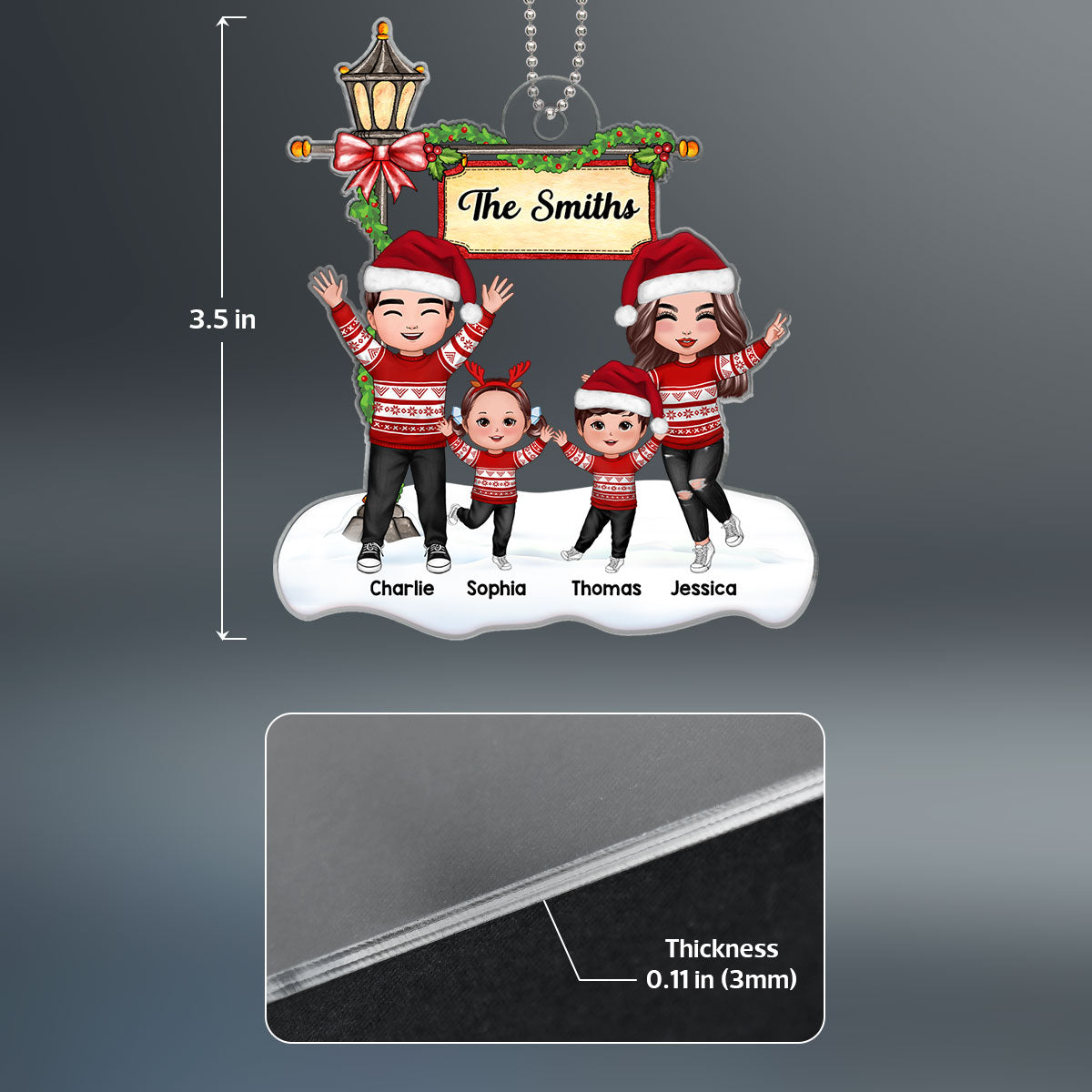 Happy Doll Family Dad Mom Under Lamp Post Christmas Personalized Acrylic Ornament
